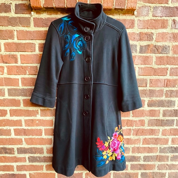Johnny Was Jackets & Blazers - Johnny Was Black Coat with Blue and Red Floral Embroidery